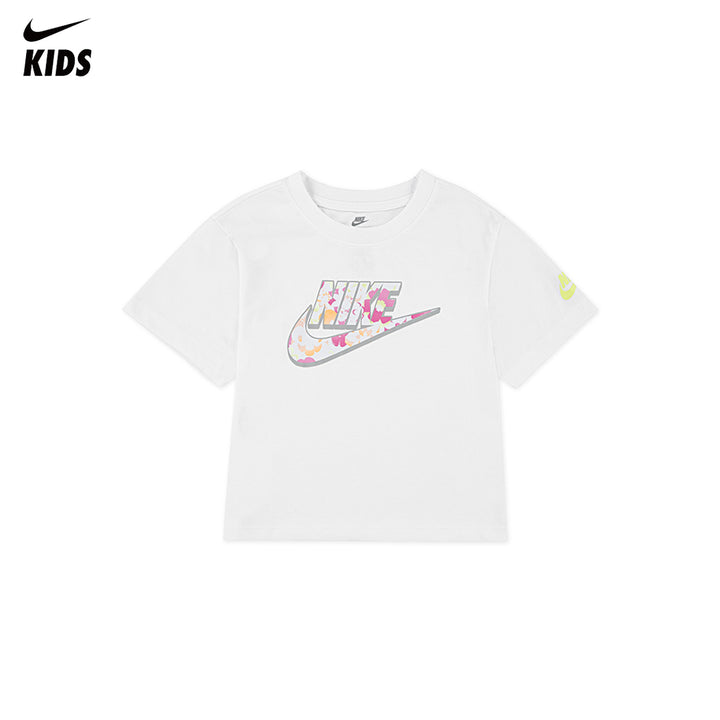 Nike Girls Flow-Ral Boxy Graphic White T-Shirt (Little Kids)