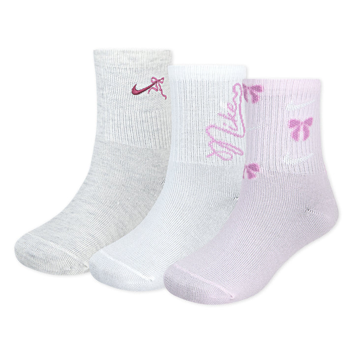 Nike Girls Nike Bow 3 Pack Half-Crew Socks Birch Heather (Big Kids)